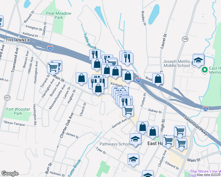 map of restaurants, bars, coffee shops, grocery stores, and more near 210 Kimberly Avenue in East Haven