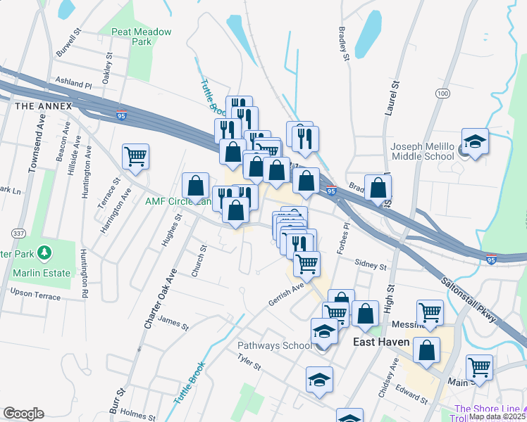 map of restaurants, bars, coffee shops, grocery stores, and more near 52 Frontage Road in East Haven