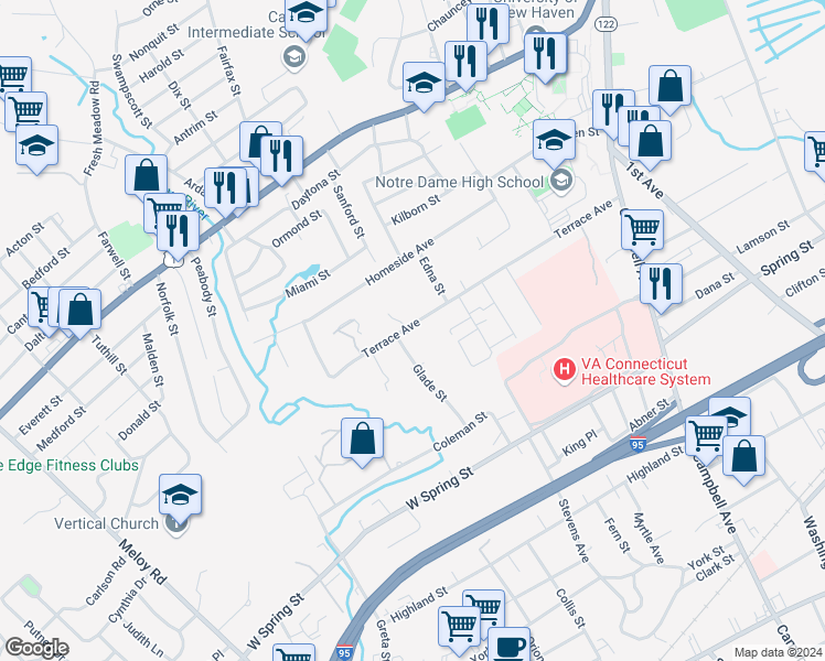 map of restaurants, bars, coffee shops, grocery stores, and more near 230 Terrace Avenue in West Haven