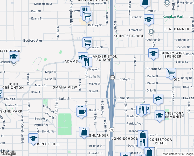 map of restaurants, bars, coffee shops, grocery stores, and more near 2860 Corby Street in Omaha