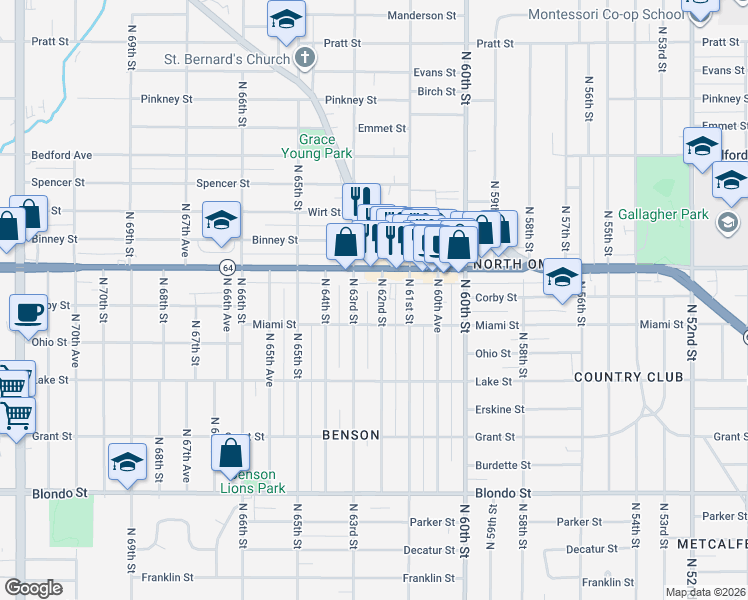 map of restaurants, bars, coffee shops, grocery stores, and more near 2735 North 63rd Street in Omaha