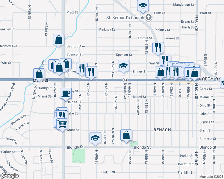 map of restaurants, bars, coffee shops, grocery stores, and more near 6703 Maple Street in Omaha