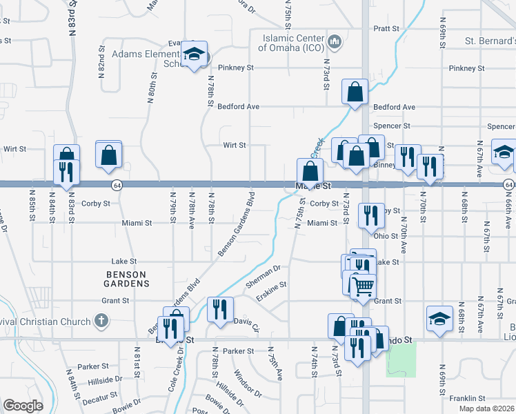map of restaurants, bars, coffee shops, grocery stores, and more near 7547 Maple Street in Omaha