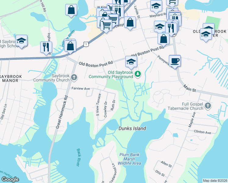 map of restaurants, bars, coffee shops, grocery stores, and more near 43 Farview Avenue in Old Saybrook
