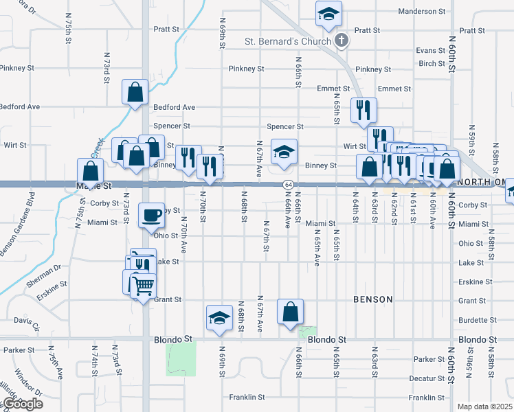 map of restaurants, bars, coffee shops, grocery stores, and more near 6703 Maple Street in Omaha