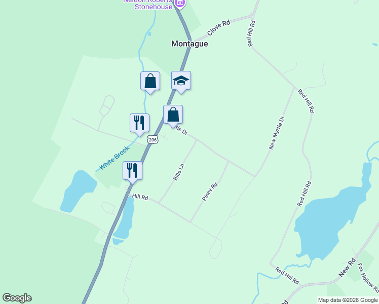 map of restaurants, bars, coffee shops, grocery stores, and more near 33 River Road in Montague