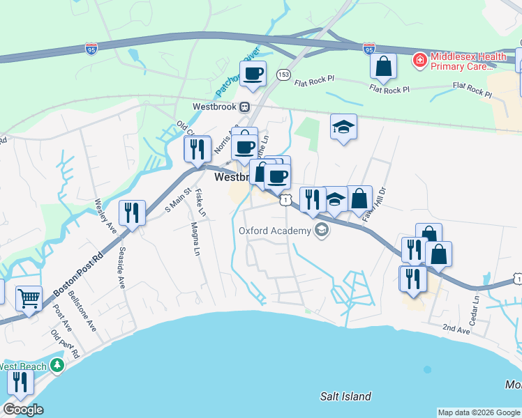 map of restaurants, bars, coffee shops, grocery stores, and more near 40 Trolley Road in Westbrook