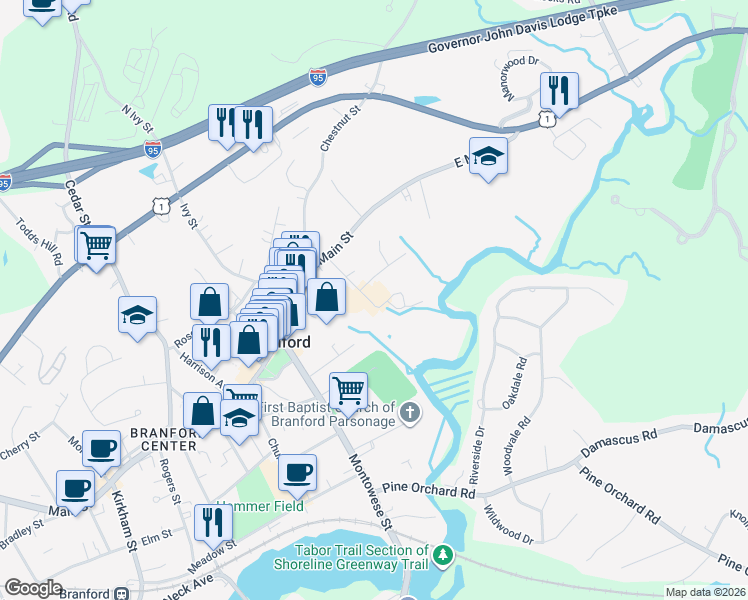 map of restaurants, bars, coffee shops, grocery stores, and more near 7 Hamre Lane in Branford