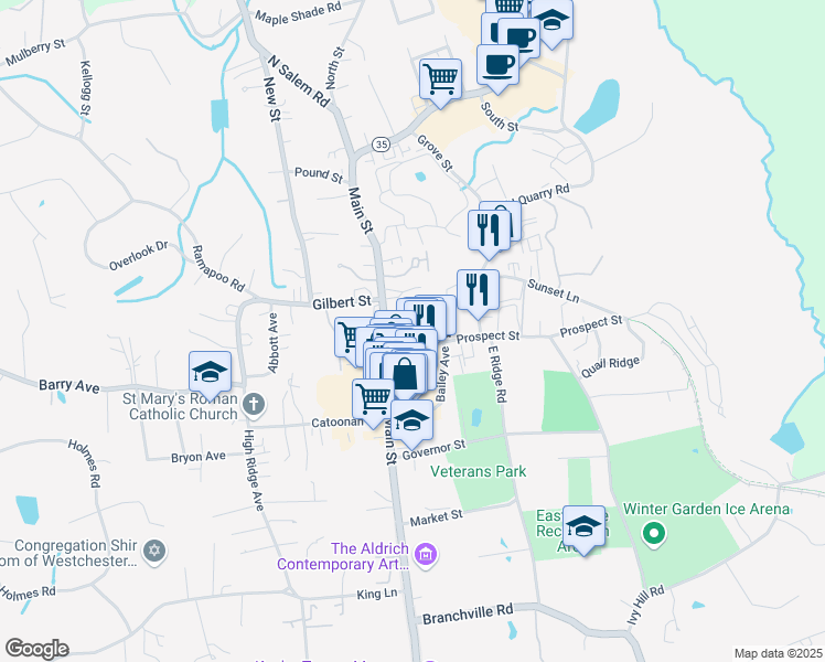 map of restaurants, bars, coffee shops, grocery stores, and more near in Ridgefield