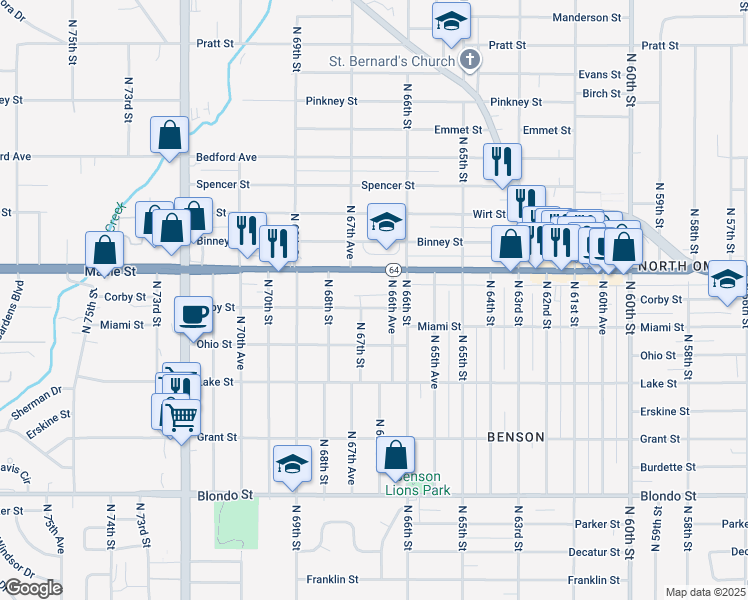 map of restaurants, bars, coffee shops, grocery stores, and more near 6703 Maple Street in Omaha