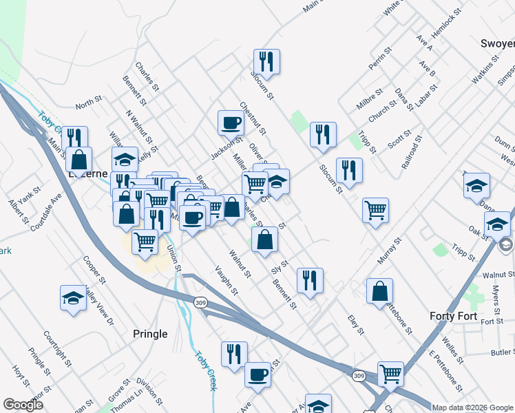 map of restaurants, bars, coffee shops, grocery stores, and more near 511 Charles St in Luzerne