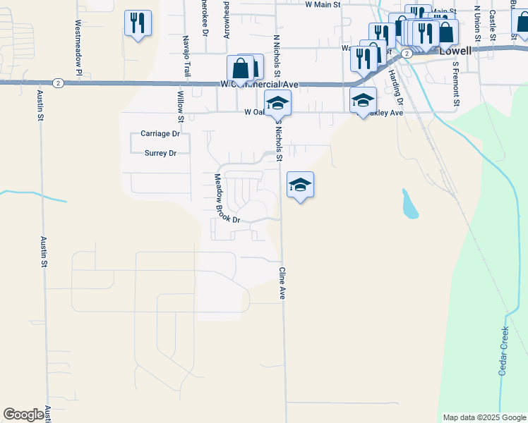 map of restaurants, bars, coffee shops, grocery stores, and more near Briarwood Ln in Lowell