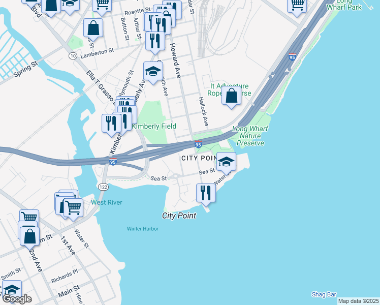 map of restaurants, bars, coffee shops, grocery stores, and more near 179 Greenwich Avenue in New Haven
