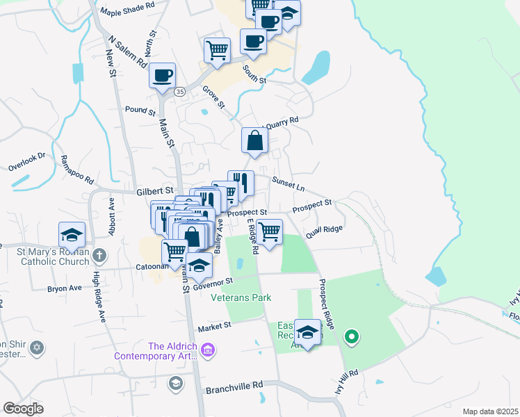 map of restaurants, bars, coffee shops, grocery stores, and more near 57 Prospect Street in Ridgefield