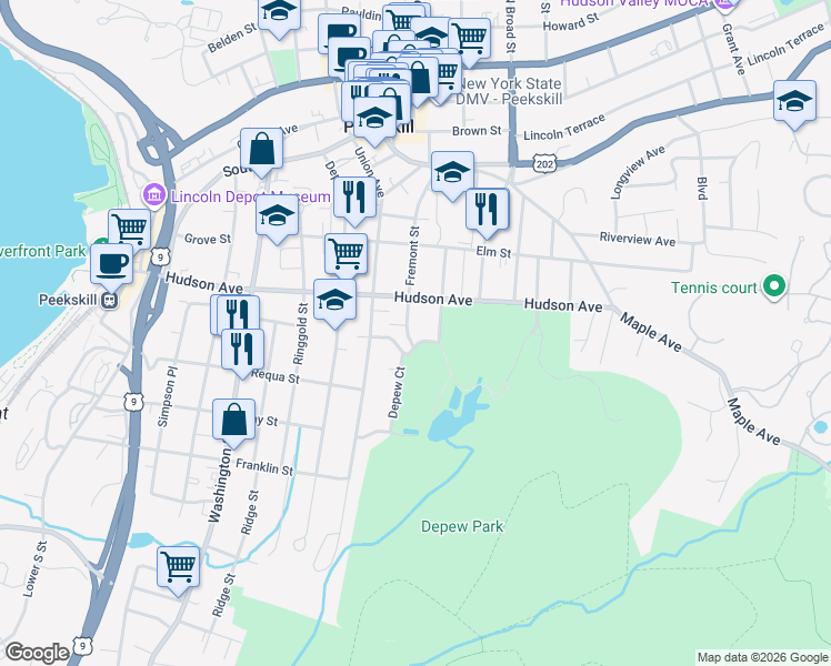map of restaurants, bars, coffee shops, grocery stores, and more near 316 Walnut Street in Peekskill