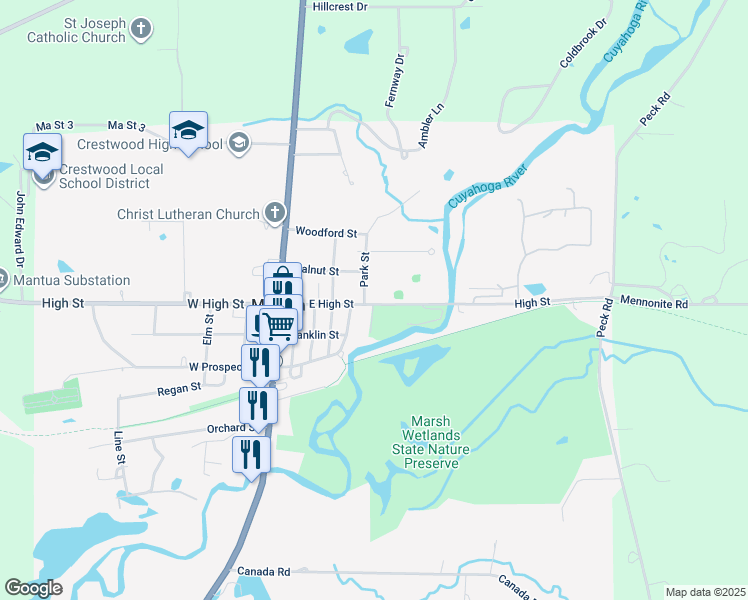 map of restaurants, bars, coffee shops, grocery stores, and more near 10765 Park Street in Mantua