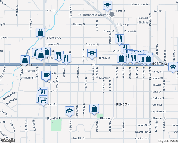 map of restaurants, bars, coffee shops, grocery stores, and more near 6703 Maple Street in Omaha