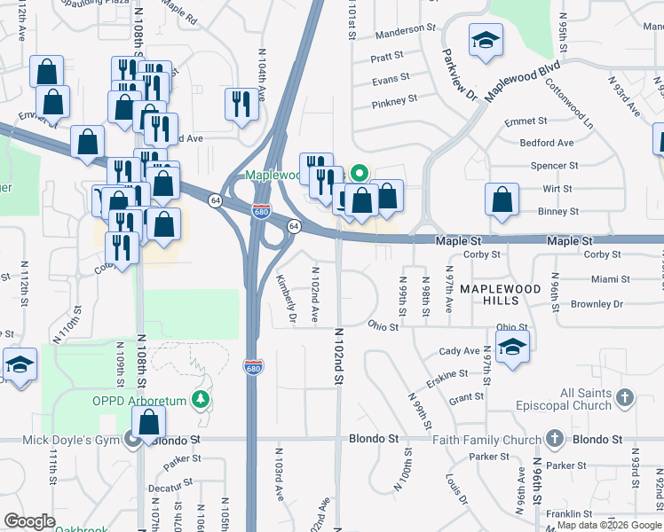 map of restaurants, bars, coffee shops, grocery stores, and more near in Omaha