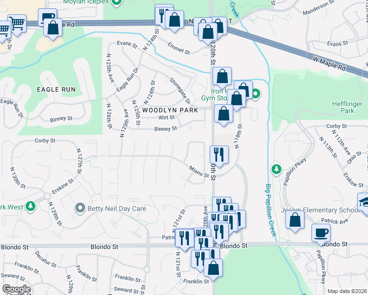 map of restaurants, bars, coffee shops, grocery stores, and more near 2735 North 122nd Circle in Omaha