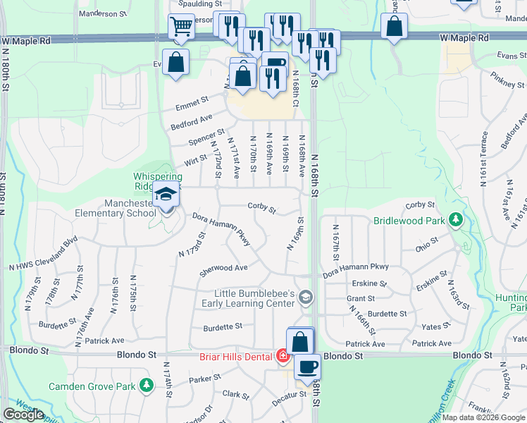 map of restaurants, bars, coffee shops, grocery stores, and more near 17012 Corby Street in Omaha