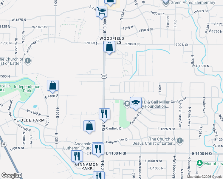 map of restaurants, bars, coffee shops, grocery stores, and more near 1450 North Street in Ogden