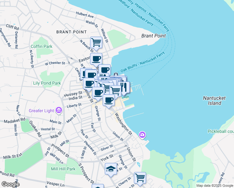 map of restaurants, bars, coffee shops, grocery stores, and more near 21 Old North Wharf in Nantucket