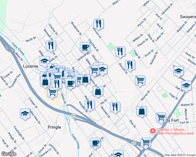 map of restaurants, bars, coffee shops, grocery stores, and more near 431 Miller Street in Luzerne