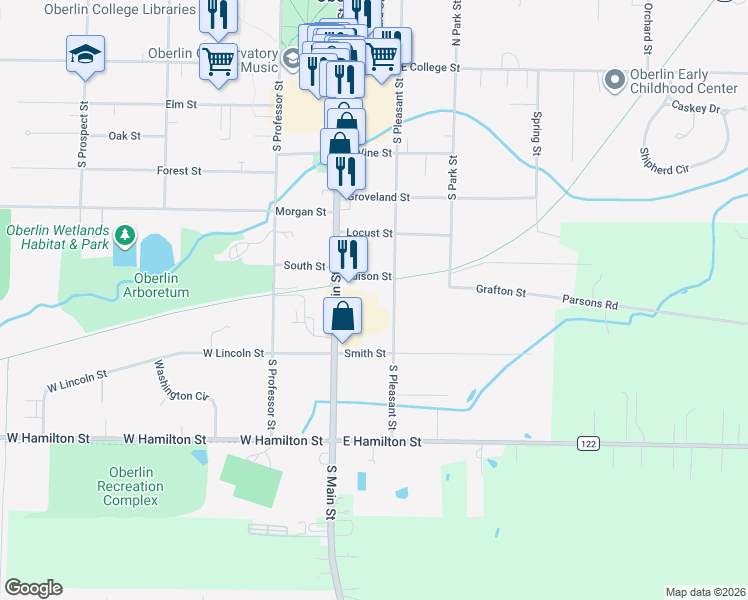 map of restaurants, bars, coffee shops, grocery stores, and more near 291 South Main Street in Oberlin