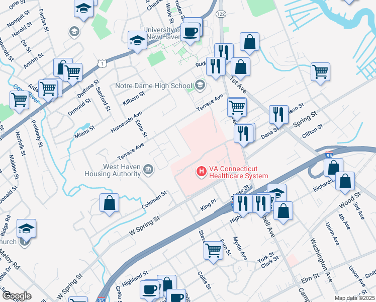 map of restaurants, bars, coffee shops, grocery stores, and more near 55 Overlook Street in West Haven