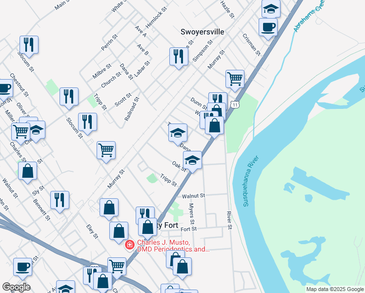 map of restaurants, bars, coffee shops, grocery stores, and more near 50 Dana Street in Forty Fort