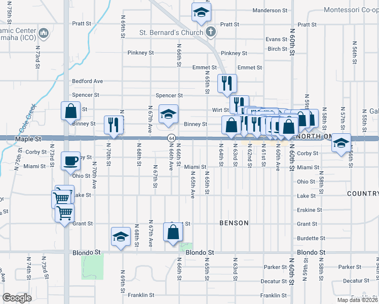 map of restaurants, bars, coffee shops, grocery stores, and more near 2734 North 65th Avenue in Omaha