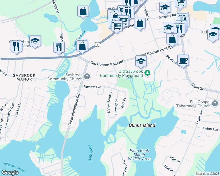 map of restaurants, bars, coffee shops, grocery stores, and more near 29 Farview Ave in Old Saybrook