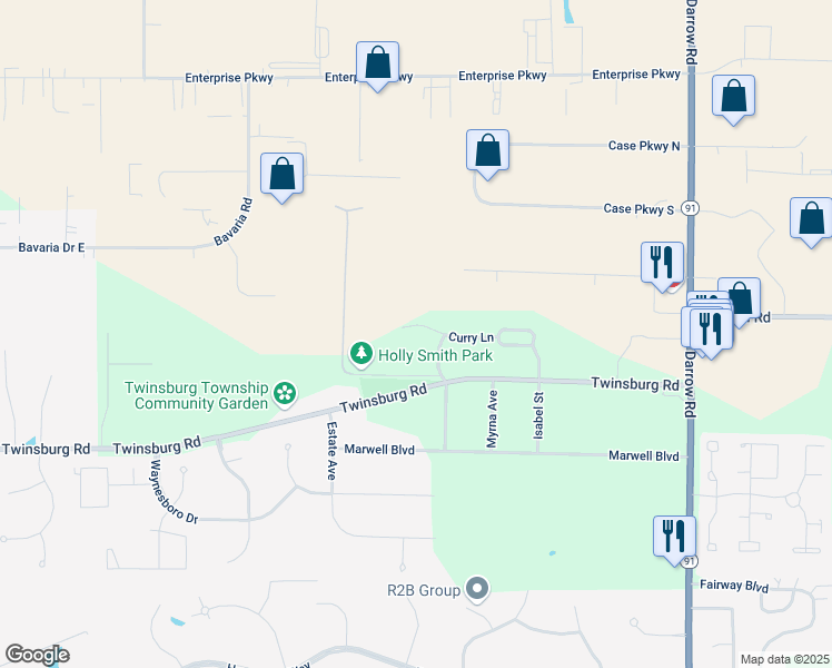 map of restaurants, bars, coffee shops, grocery stores, and more near 1767 Curry Lane in Twinsburg