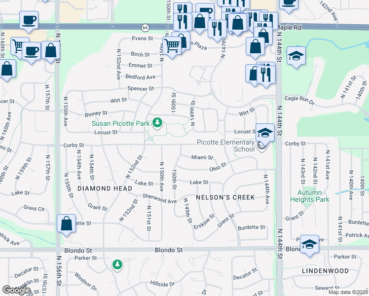 map of restaurants, bars, coffee shops, grocery stores, and more near 14822 Corby Street in Omaha