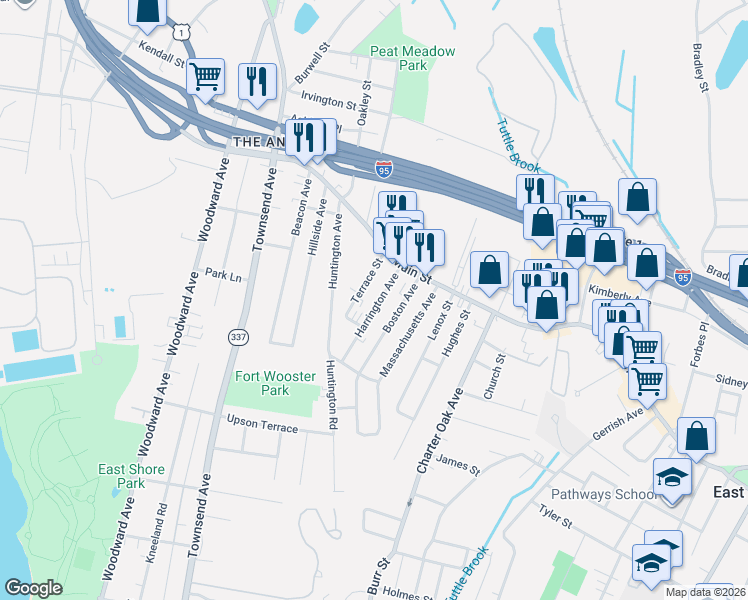 map of restaurants, bars, coffee shops, grocery stores, and more near 686 Main Street in East Haven