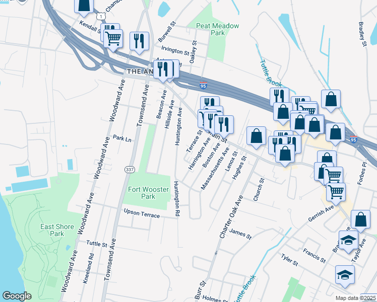 map of restaurants, bars, coffee shops, grocery stores, and more near 56 Terrace Street in New Haven