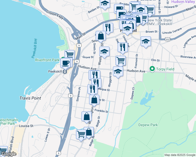 map of restaurants, bars, coffee shops, grocery stores, and more near 326 Washington Street in Peekskill