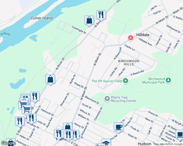 map of restaurants, bars, coffee shops, grocery stores, and more near 404 North Main Street in Wilkes-Barre