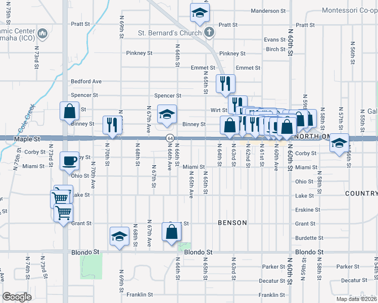 map of restaurants, bars, coffee shops, grocery stores, and more near 2734 North 65th Avenue in Omaha