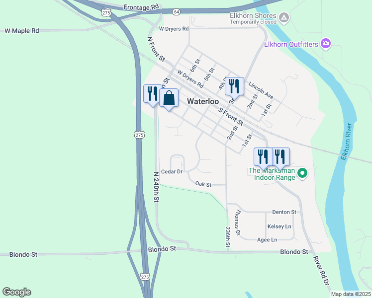 map of restaurants, bars, coffee shops, grocery stores, and more near 23810 Cedar Hollow Mall in Waterloo
