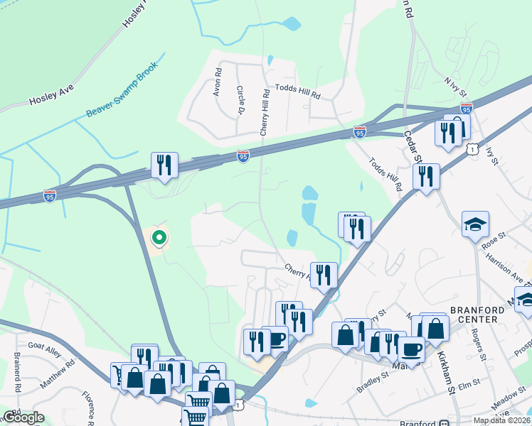 map of restaurants, bars, coffee shops, grocery stores, and more near 99 Cherry Hill Road in Branford