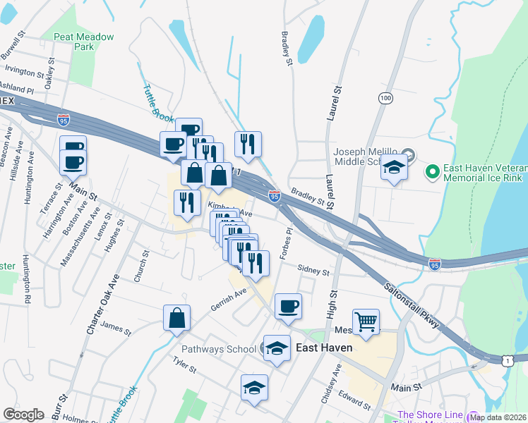 map of restaurants, bars, coffee shops, grocery stores, and more near 14 Frontage Road in East Haven