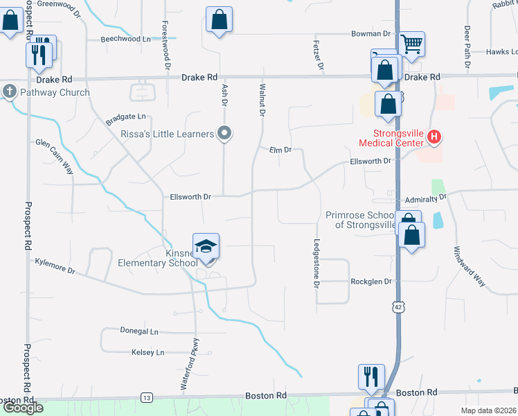 map of restaurants, bars, coffee shops, grocery stores, and more near 19851 Ellsworth Drive in Strongsville