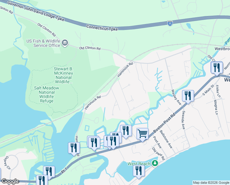 map of restaurants, bars, coffee shops, grocery stores, and more near 18 Meadowbrook Road in Westbrook