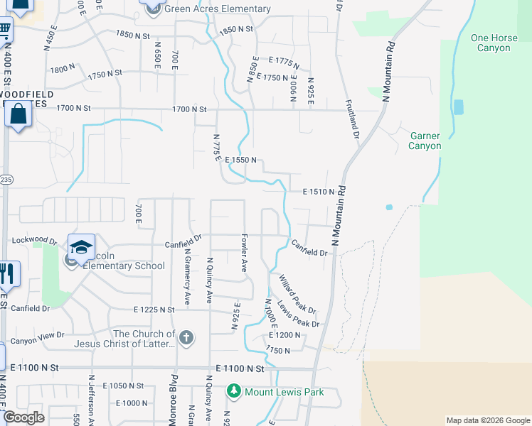 map of restaurants, bars, coffee shops, grocery stores, and more near 1466 Lewis Peak Drive in Ogden