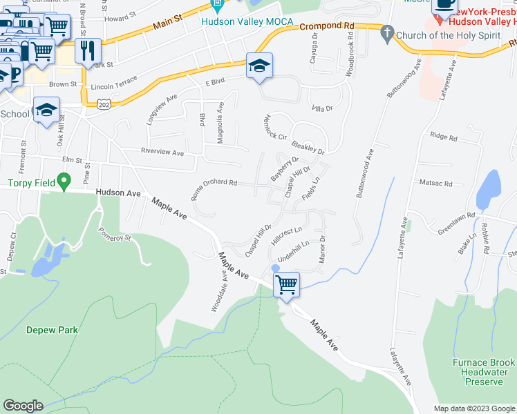 map of restaurants, bars, coffee shops, grocery stores, and more near 110 Chapel Hill Drive in Peekskill
