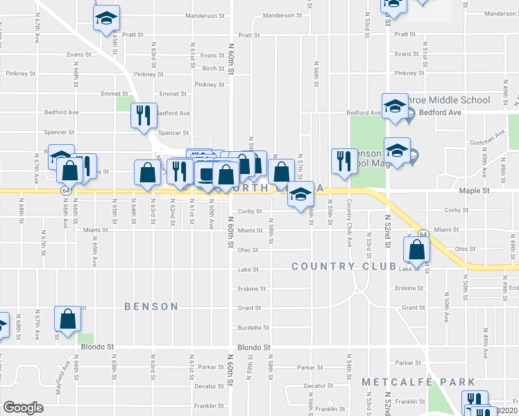 map of restaurants, bars, coffee shops, grocery stores, and more near 5816 Corby Street in Omaha