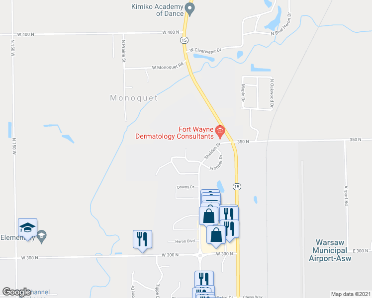 map of restaurants, bars, coffee shops, grocery stores, and more near 86 Sassafras Court in Warsaw