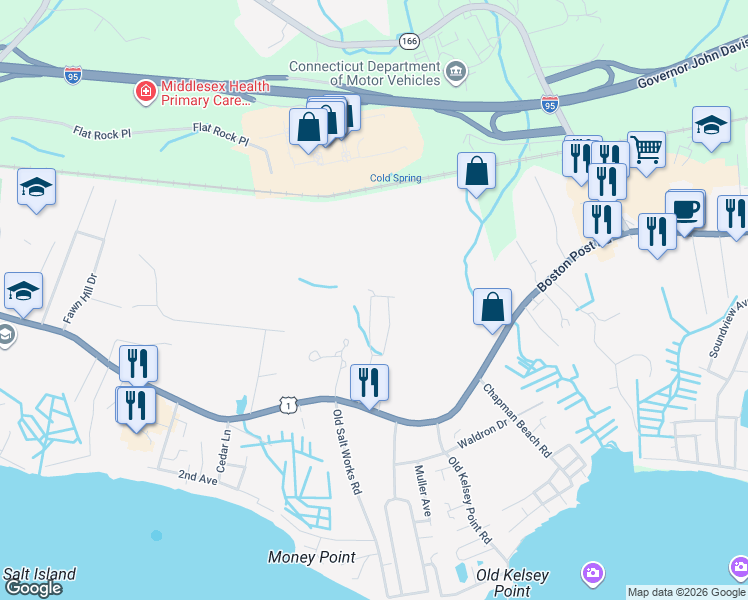 map of restaurants, bars, coffee shops, grocery stores, and more near 24 Green Acres Park Drive in Westbrook