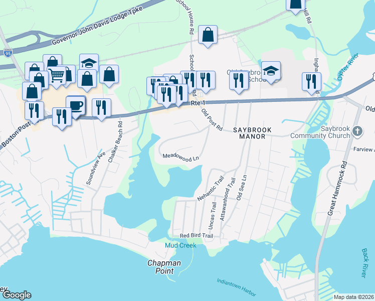 map of restaurants, bars, coffee shops, grocery stores, and more near 2 Deerfield Road in Old Saybrook